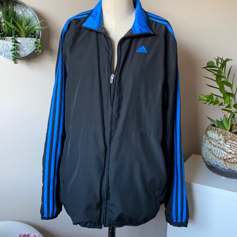 Adidas Mens Jacket Black Blue Stripes Size Medium